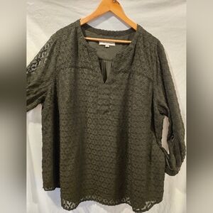 LOFT Plus - Textured Lace Split Neck Blouse Italian Olive, Size 18